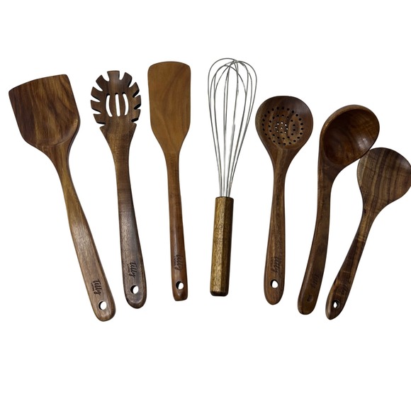 7 Piece Teak Tilly Utensils Spoons Whisk NWOT